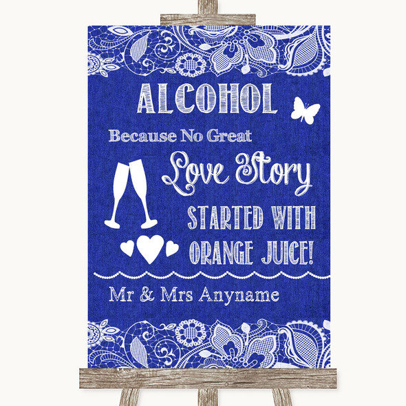 Navy Blue Burlap & Lace Alcohol Bar Love Story Personalised Wedding Sign