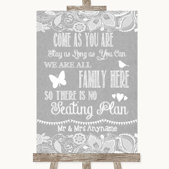 Grey Burlap & Lace All Family No Seating Plan Personalised Wedding Sign