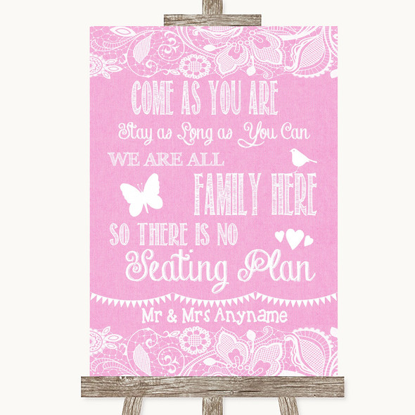 Pink Burlap & Lace All Family No Seating Plan Personalised Wedding Sign