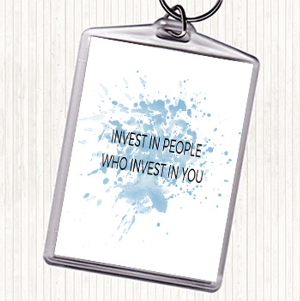 Blue White Invest In People Inspirational Quote Bag Tag Keychain Keyring