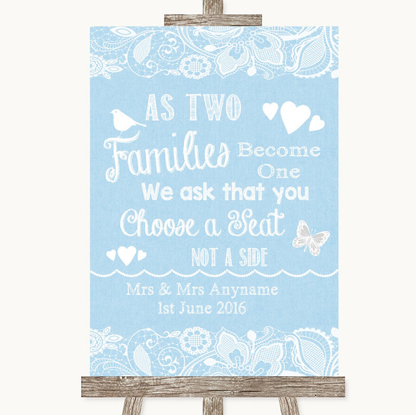 Blue Burlap & Lace As Families Become One Seating Plan Personalised Wedding Sign