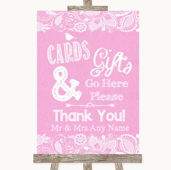 Pink Burlap & Lace Cards & Gifts Table Personalised Wedding Sign