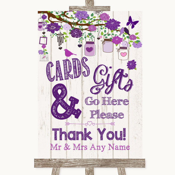 Purple Rustic Wood Cards & Gifts Table Personalised Wedding Sign