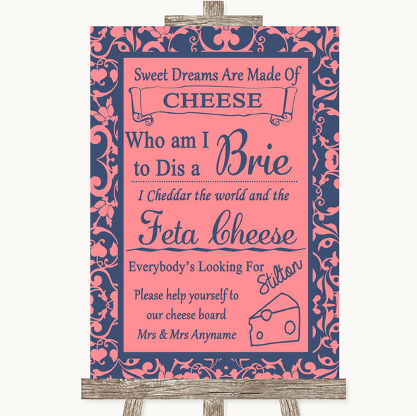 Coral Pink & Blue Cheese Board Song Personalised Wedding Sign