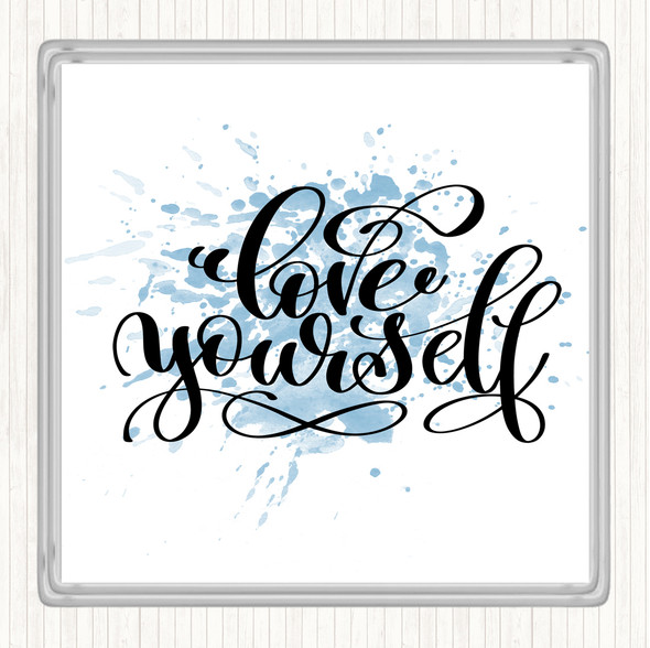 Blue White Love Yourself Swirl Inspirational Quote Drinks Mat Coaster