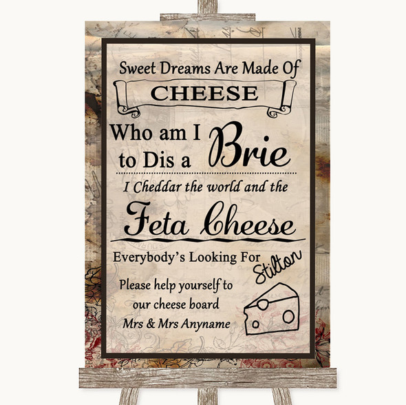 Vintage Cheese Board Song Personalised Wedding Sign