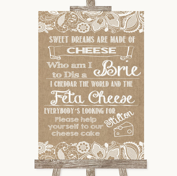 Burlap & Lace Cheesecake Cheese Song Personalised Wedding Sign