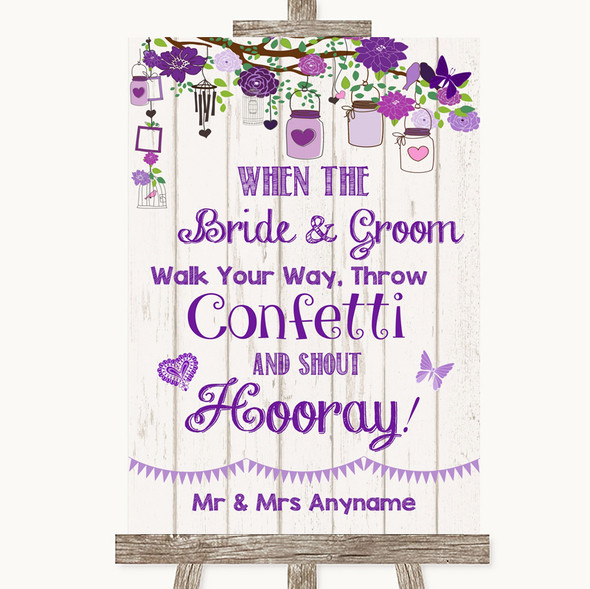 Purple Rustic Wood Confetti Personalised Wedding Sign