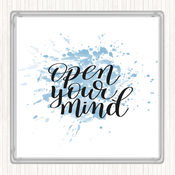 Blue White Open Mind Inspirational Quote Drinks Mat Coaster