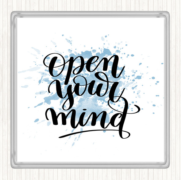 Blue White Open Your Mind Inspirational Quote Drinks Mat Coaster