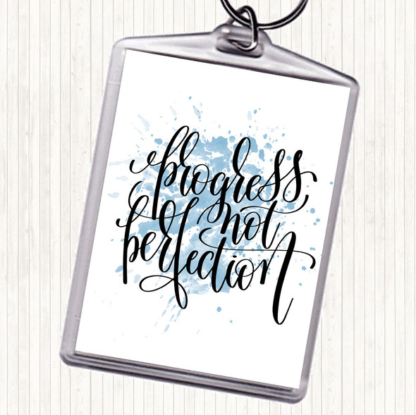 Blue White Progress Not Perfection Inspirational Quote Bag Tag Keychain Keyring