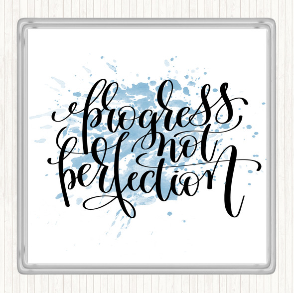 Blue White Progress Not Perfection Inspirational Quote Drinks Mat Coaster