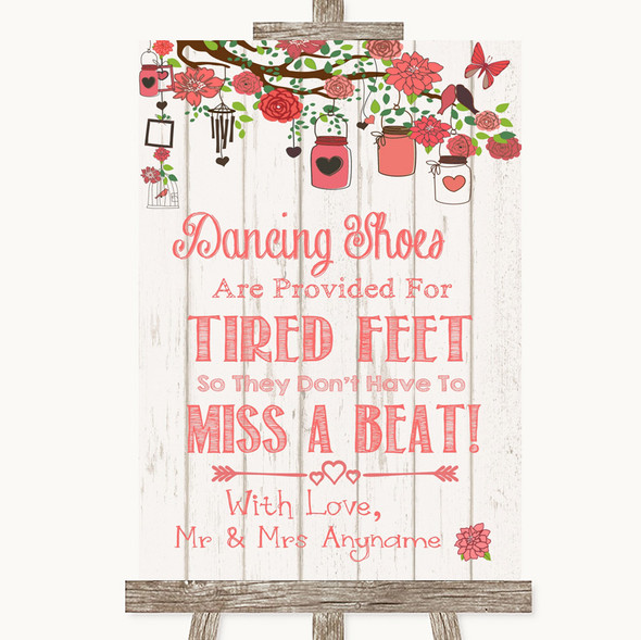 Coral Rustic Wood Dancing Shoes Flip-Flop Tired Feet Personalised Wedding Sign