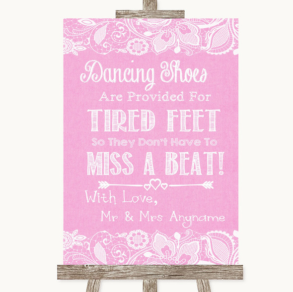 Pink Burlap & Lace Dancing Shoes Flip-Flop Tired Feet Personalised Wedding Sign