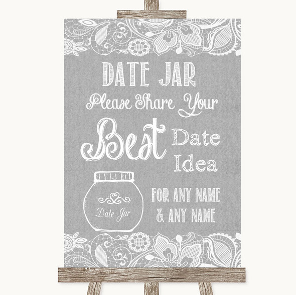 Grey Burlap & Lace Date Jar Guestbook Personalised Wedding Sign