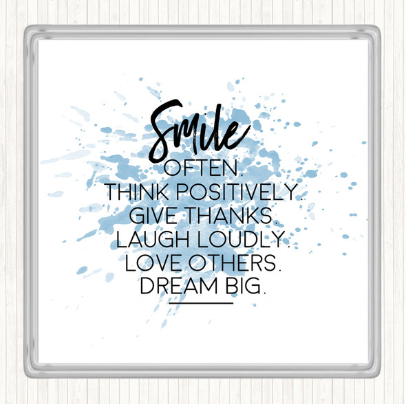 Blue White Smile Often Inspirational Quote Drinks Mat Coaster