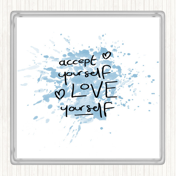 Blue White Accept Yourself Inspirational Quote Drinks Mat Coaster