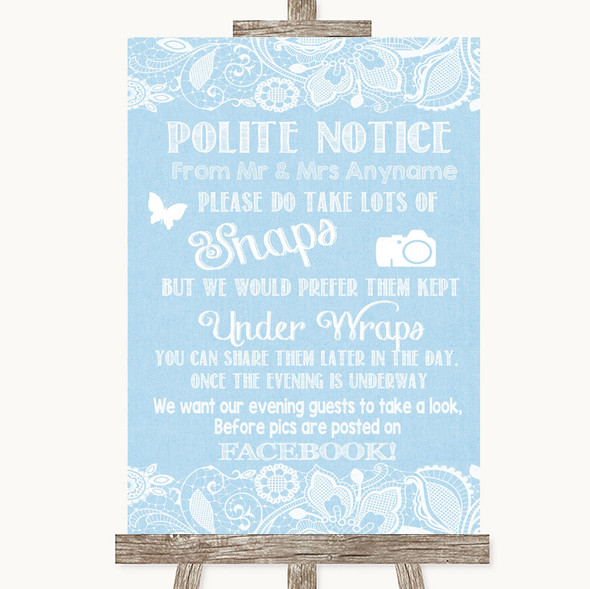 Blue Burlap & Lace Don't Post Photos Facebook Personalised Wedding Sign