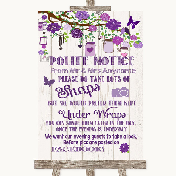 Purple Rustic Wood Don't Post Photos Facebook Personalised Wedding Sign