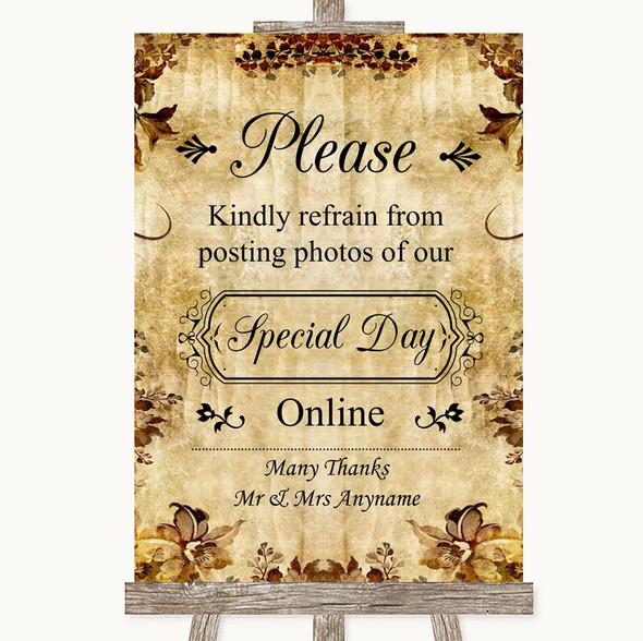 Autumn Vintage Don't Post Photos Online Social Media Personalised Wedding Sign