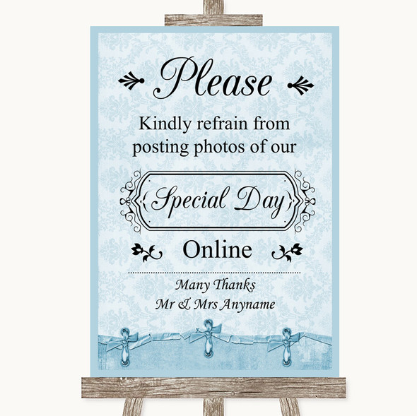 Blue Shabby Chic Don't Post Photos Online Social Media Personalised Wedding Sign