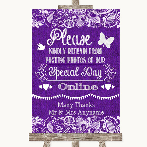 Purple Burlap & Lace Don't Post Photos Online Social Media Wedding Sign