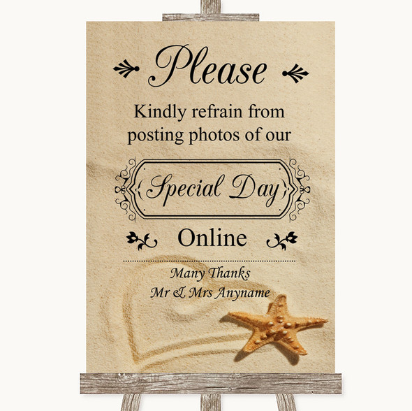 Sandy Beach Don't Post Photos Online Social Media Personalised Wedding Sign