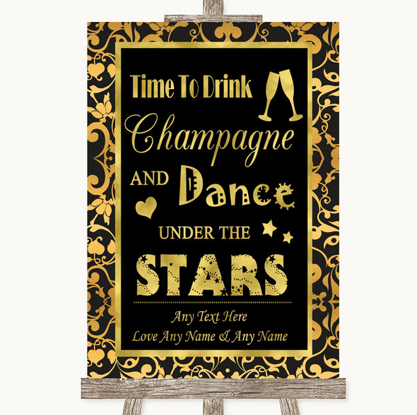 Black & Gold Damask Drink Champagne Dance Stars Personalised Wedding Sign