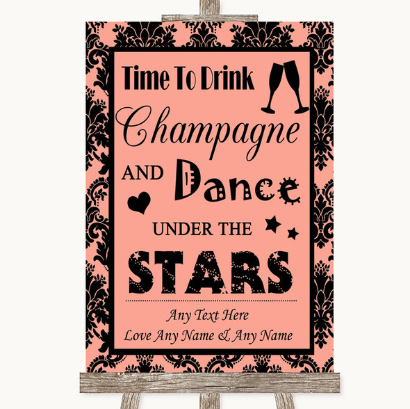 Coral Damask Drink Champagne Dance Stars Personalised Wedding Sign