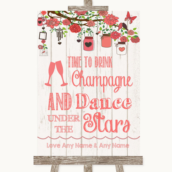 Coral Rustic Wood Drink Champagne Dance Stars Personalised Wedding Sign