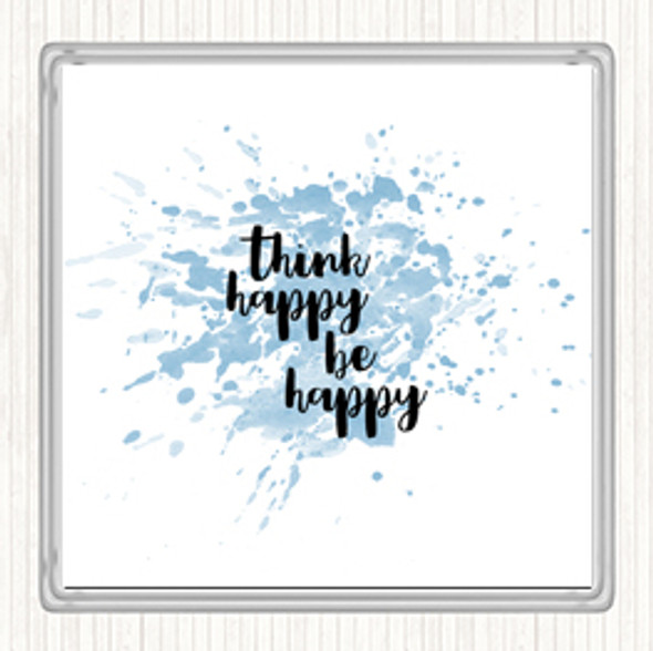 Blue White Think Happy Inspirational Quote Drinks Mat Coaster