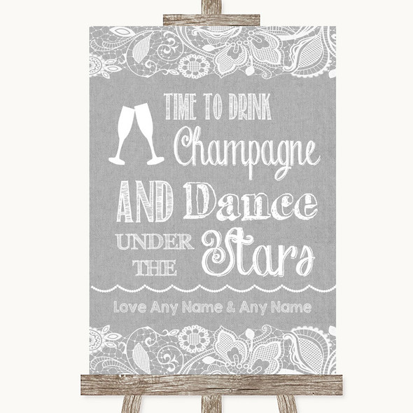 Grey Burlap & Lace Drink Champagne Dance Stars Personalised Wedding Sign