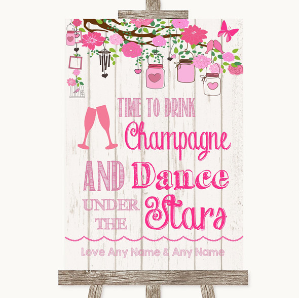 Pink Rustic Wood Drink Champagne Dance Stars Personalised Wedding Sign