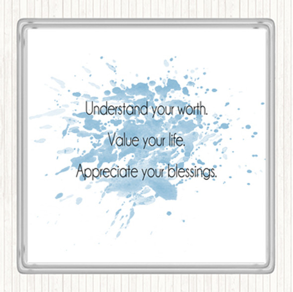 Blue White Understand Your Worth Inspirational Quote Drinks Mat Coaster