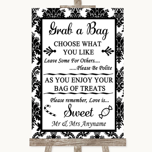 Black & White Damask Grab A Bag Candy Buffet Cart Sweets Wedding Sign