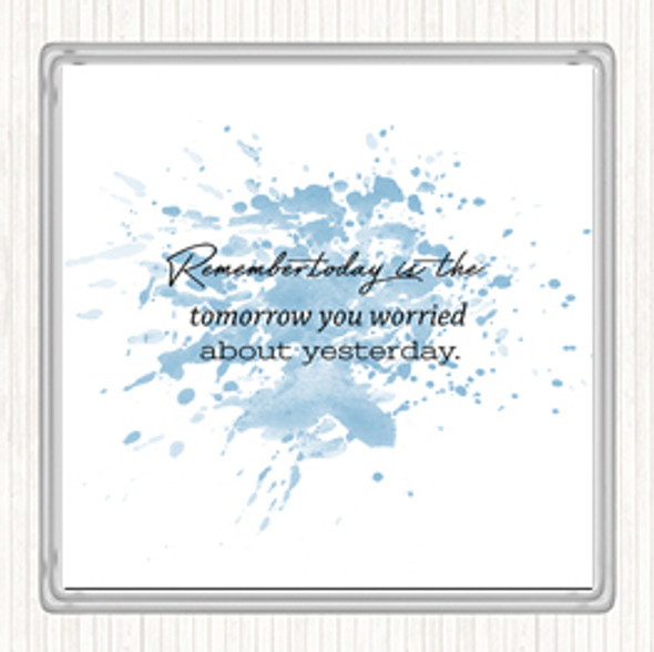 Blue White Worried About Yesterday Inspirational Quote Drinks Mat Coaster