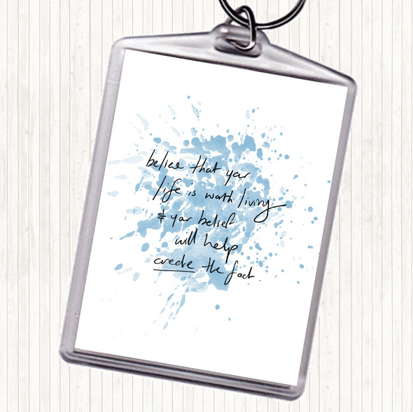 Blue White Worth Living Inspirational Quote Bag Tag Keychain Keyring