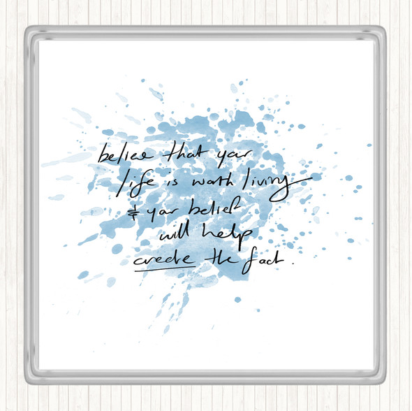 Blue White Worth Living Inspirational Quote Drinks Mat Coaster