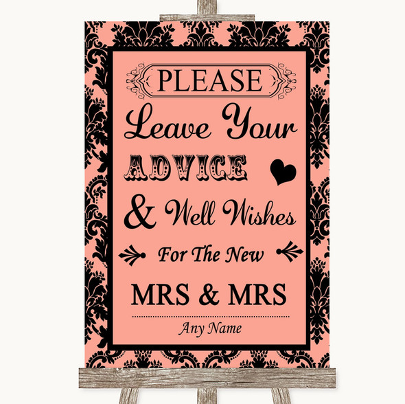 Coral Damask Guestbook Advice & Wishes Lesbian Personalised Wedding Sign