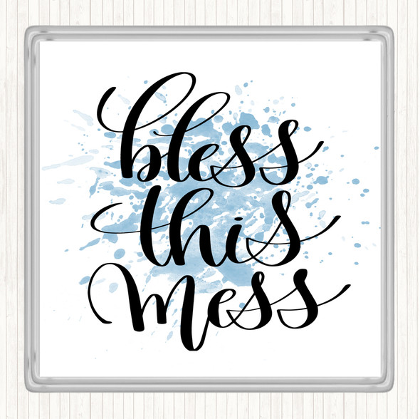 Blue White Bless This Mess Inspirational Quote Drinks Mat Coaster