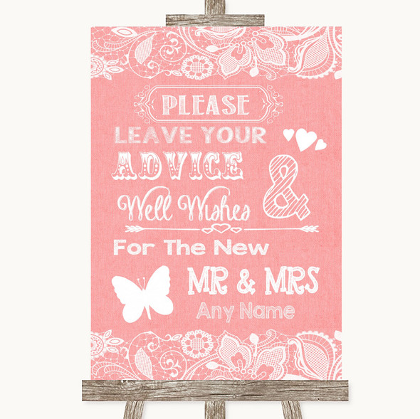 Coral Burlap & Lace Guestbook Advice & Wishes Mr & Mrs Personalised Wedding Sign