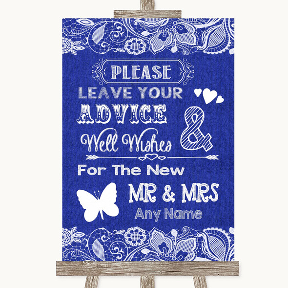 Navy Blue Burlap & Lace Guestbook Advice & Wishes Mr & Mrs Wedding Sign