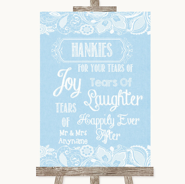 Blue Burlap & Lace Hankies And Tissues Personalised Wedding Sign