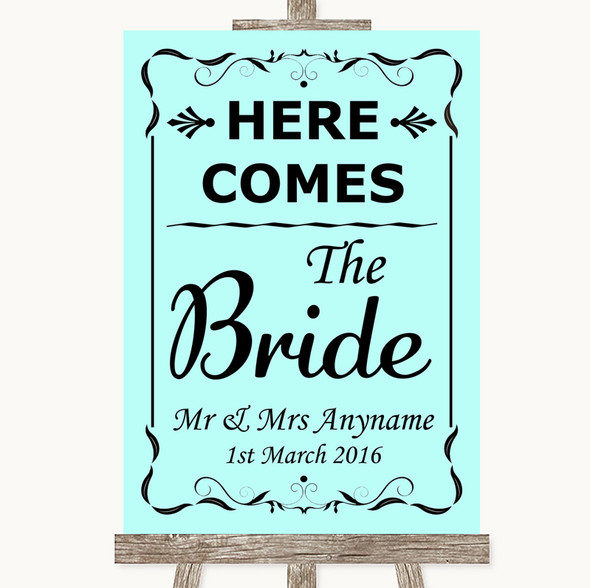 Aqua Here Comes Bride Aisle Sign Personalised Wedding Sign