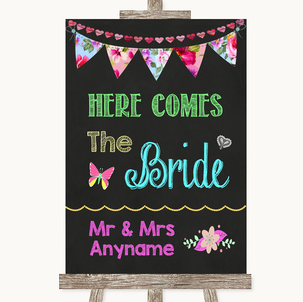 Bright Bunting Chalk Here Comes Bride Aisle Sign Personalised Wedding Sign