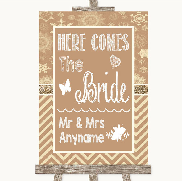 Brown Winter Here Comes Bride Aisle Sign Personalised Wedding Sign