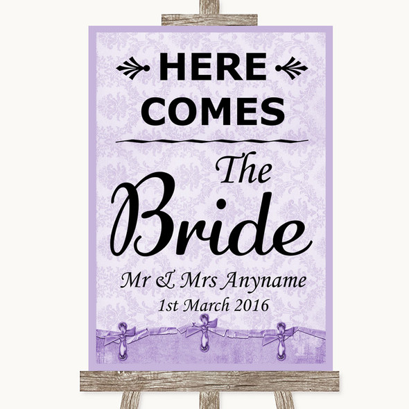 Lilac Shabby Chic Here Comes Bride Aisle Sign Personalised Wedding Sign