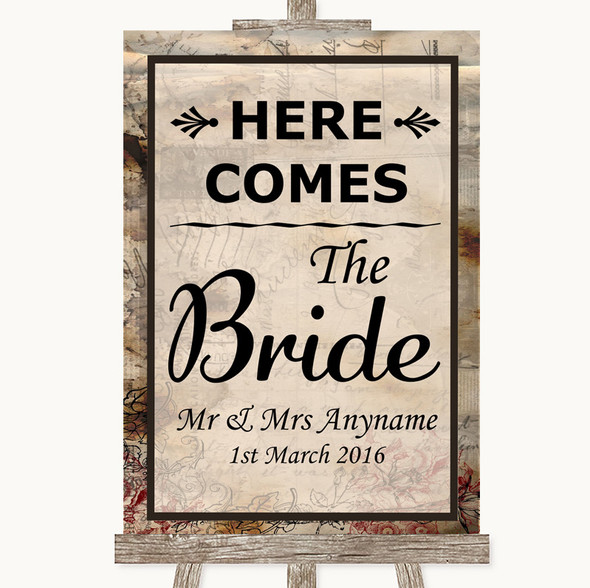 Vintage Here Comes Bride Aisle Sign Personalised Wedding Sign