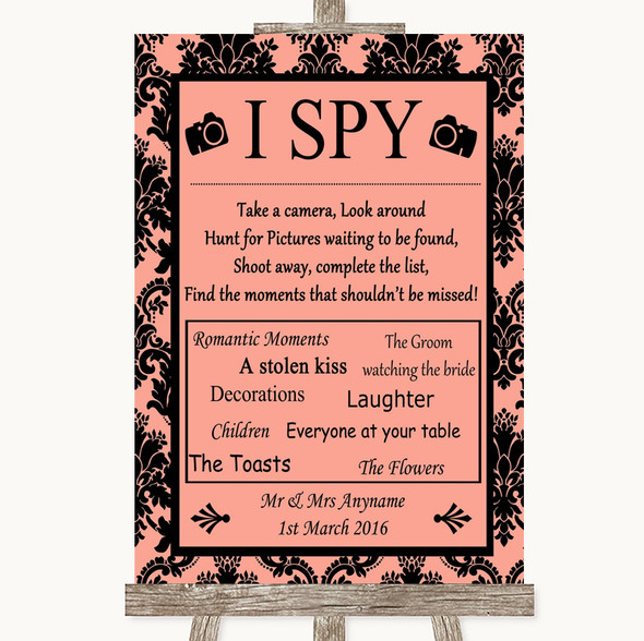 Coral Damask I Spy Disposable Camera Personalised Wedding Sign