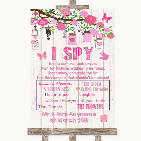 Pink Rustic Wood I Spy Disposable Camera Personalised Wedding Sign